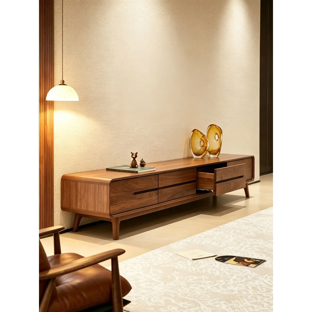 Luxury Black Walnut TV Stand Mid Century Modern Solid Wood Entertainment Center with Legs Nordic Living Room Console Table Set