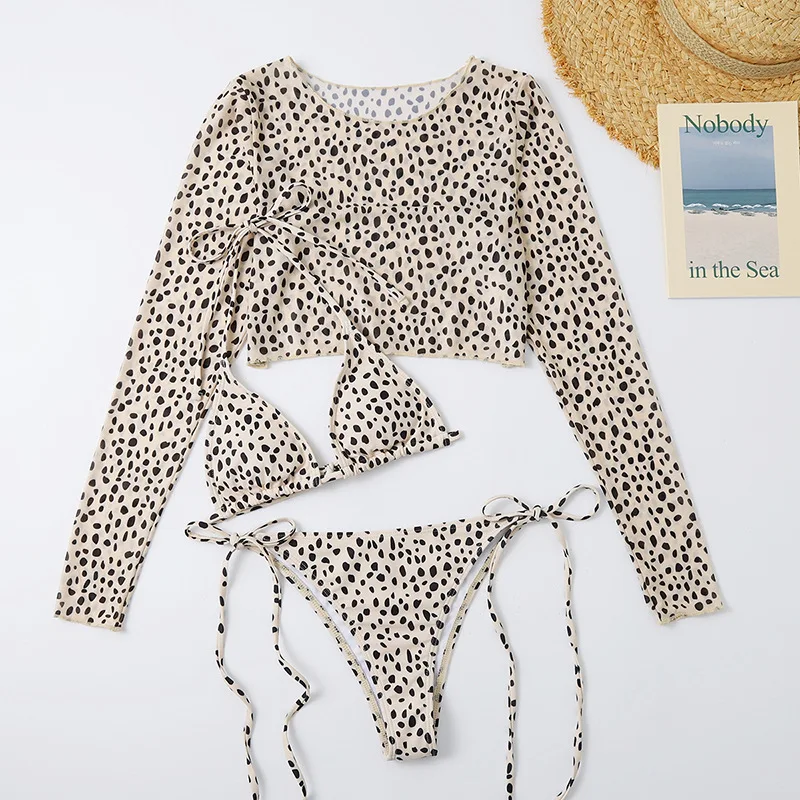 Women Leopard Swimwear 3 Piece Bikini Set 2023 New Long Sleeve Swimsuit String Bathing Suit