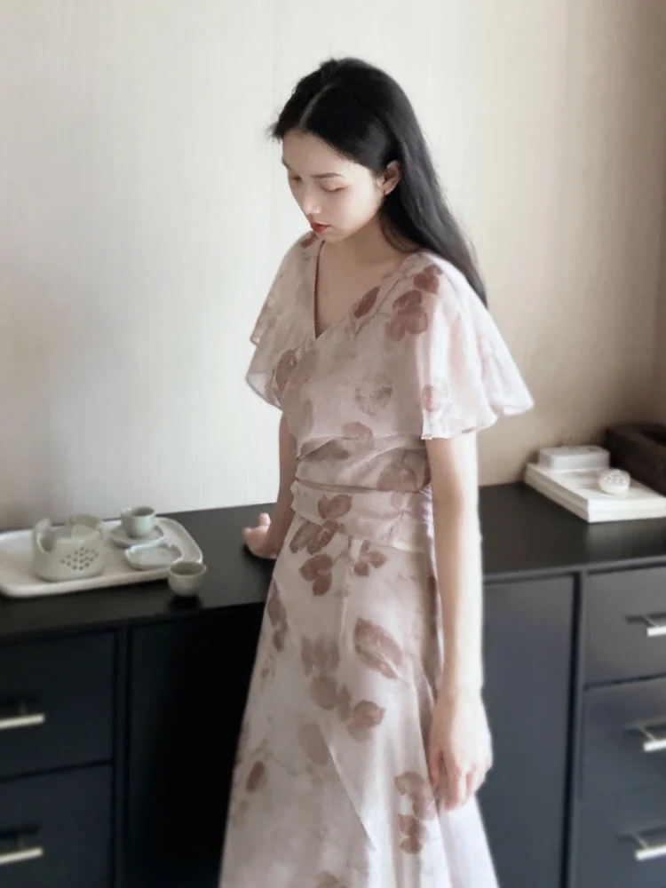 

V-Neck Printed Wrap Shirt Slim Fit Chiffon Top Waist Cinched Autumn Top Set Women's Lace Shirt Commute Style Short Sleeve