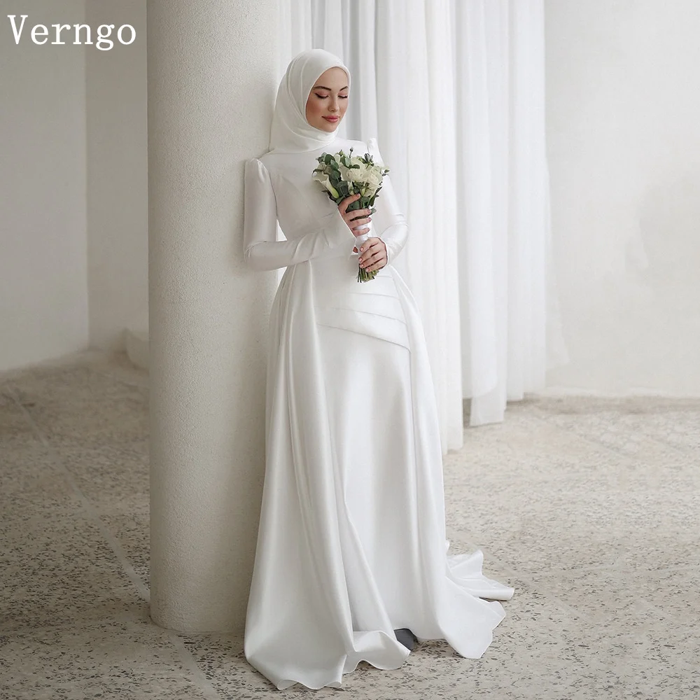 

Verngo Satin Wedding Dresses With Sleeves High Neck Muslim Bridal Gown Simple Modest Bride Dress Vestidos De Novia