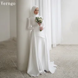 Verngo Satin Wedding Dresses With Sleeves High Neck Muslim Bridal Gown Simple Modest Bride Dress Vestidos De Novia