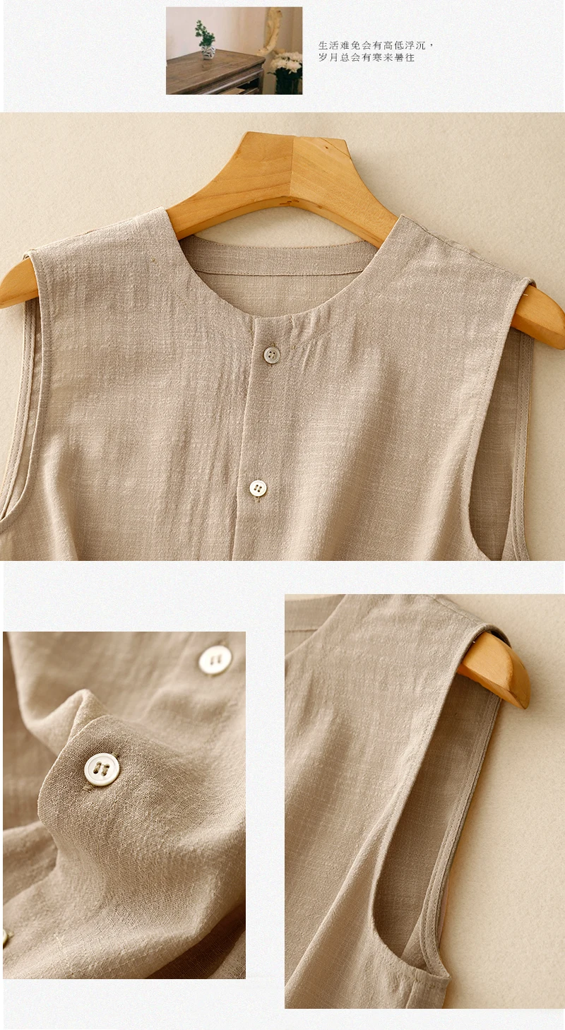 สไตล์เกาหลีหวานสีชมพูสีกากีผ้าฝ้ายลินินเสื้อกั๊กผู้หญิงฤดูร้อนบางเสื้อแขนกุด O-คอปุ่มขึ้นปกเสื้อคาร์ดิแกน