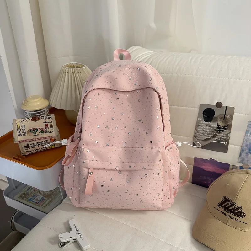 

Korean Style Star and Moon Backpack for Female Middle School Students, Youthful and Elegant Campus Lightweight Simple Double Sho