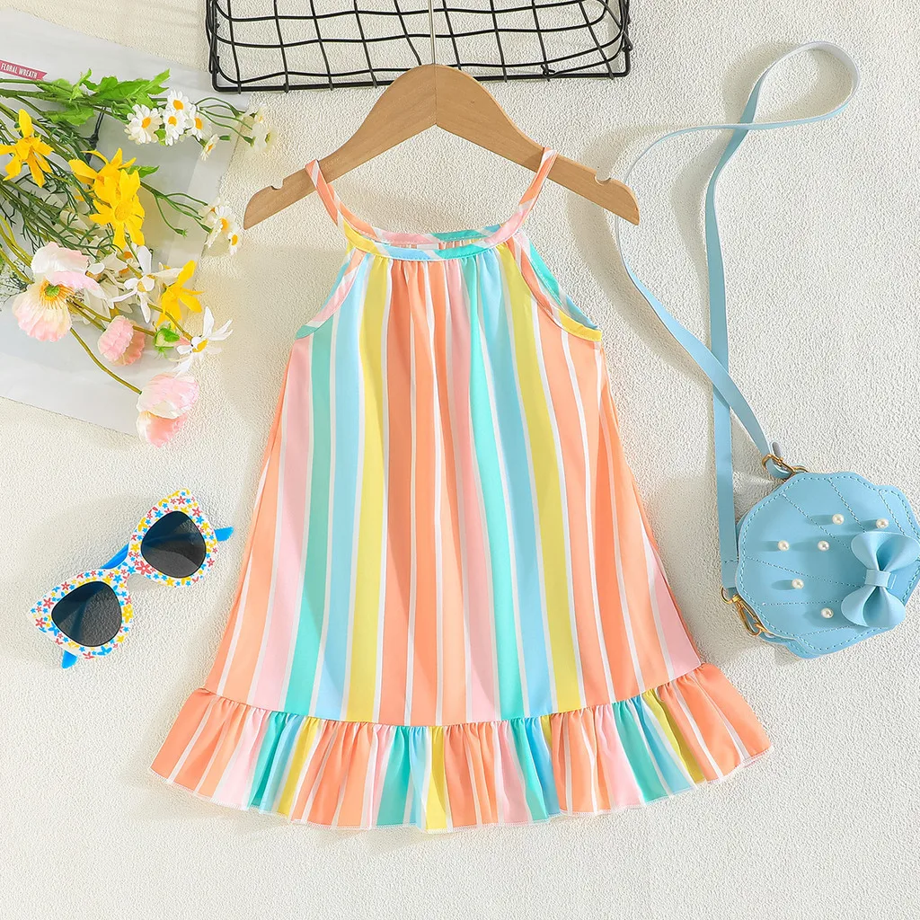 Dress For Kids 1-4 Years old Birthday Rainbow Stripes Cute Suspender Princess Dresses Ootd For Girl