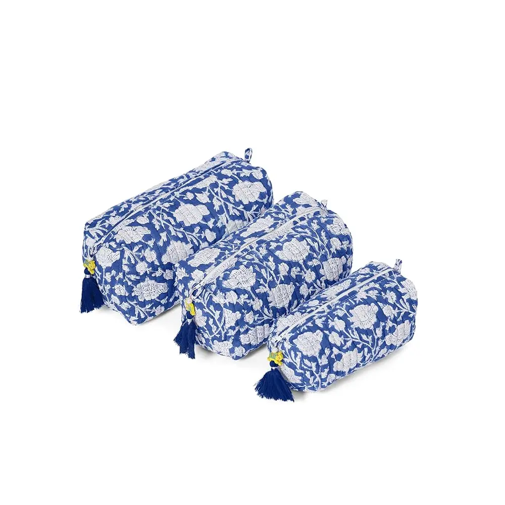

Quilted Floral Makeup Bag Set – Blue Py Pattern 3 Sizes, Waterproof Lining, Make Up Travel Cosmetic & Toiletry Bags For