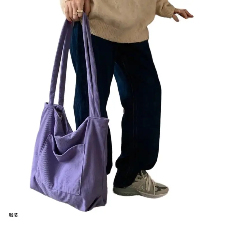 D0UD Large Capacity Corduroy Handbag with Pockets Tote for Work School College Use