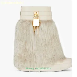 2024 Winter New Gold Lock Shark Boots Fur Tassel Style Fashion Round Toe Wedges Mid-Calf Boots Platform Bottom Large Size Boots