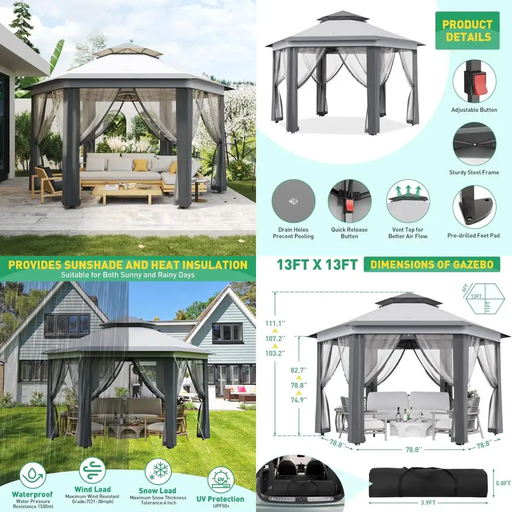 

13x13 Pop Up Gazebo, Hexagonal Outdoor Canopy Shelter With Double Roof and Mesh Netting, Event Tent With Strong Steel Frame and