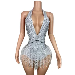 Sexy Deep V Neck Backless Performance Dance Costume Sparkly Rhinestones Pearls Fringes Bodysuit Dancer Stage Wear Club Outfit