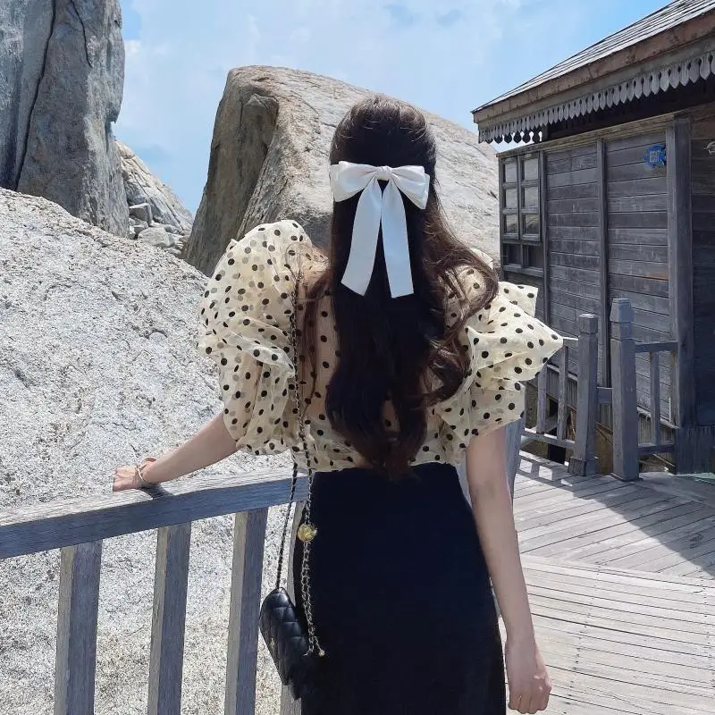 Ruffle Puff Sleeve Polka Dot Shirt Women Vintage Blusa Bow Lace Up Lantern Transparent New Blouse Top 2024 Blouses Elegant Tops