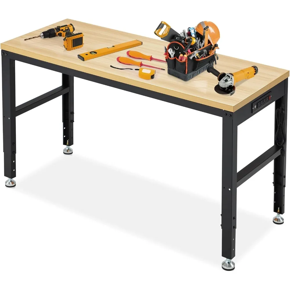 

60” Adjustable Workbench，Heavy Duty Wood Work Bench 2000 Lbs Load Capacity,Work Table with Power Outlet for Garage, Workshop