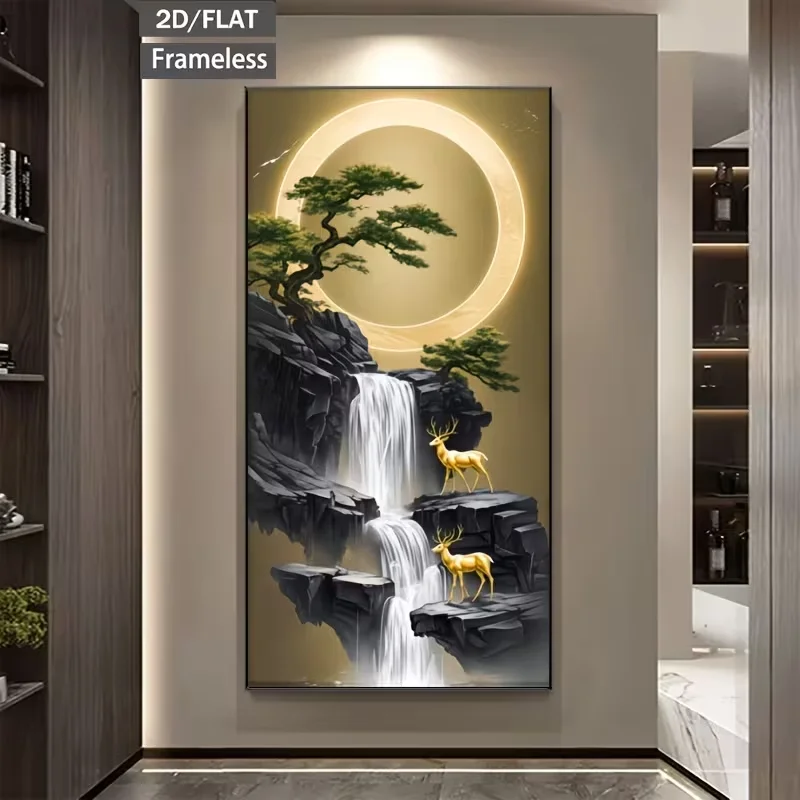 2D Flat, 1pc Frameless Canvas Printed Poster, Canvas Wall Art, Canvas Oil Painting, Golden Deer on Rocky Cliffs Beside Waterfall