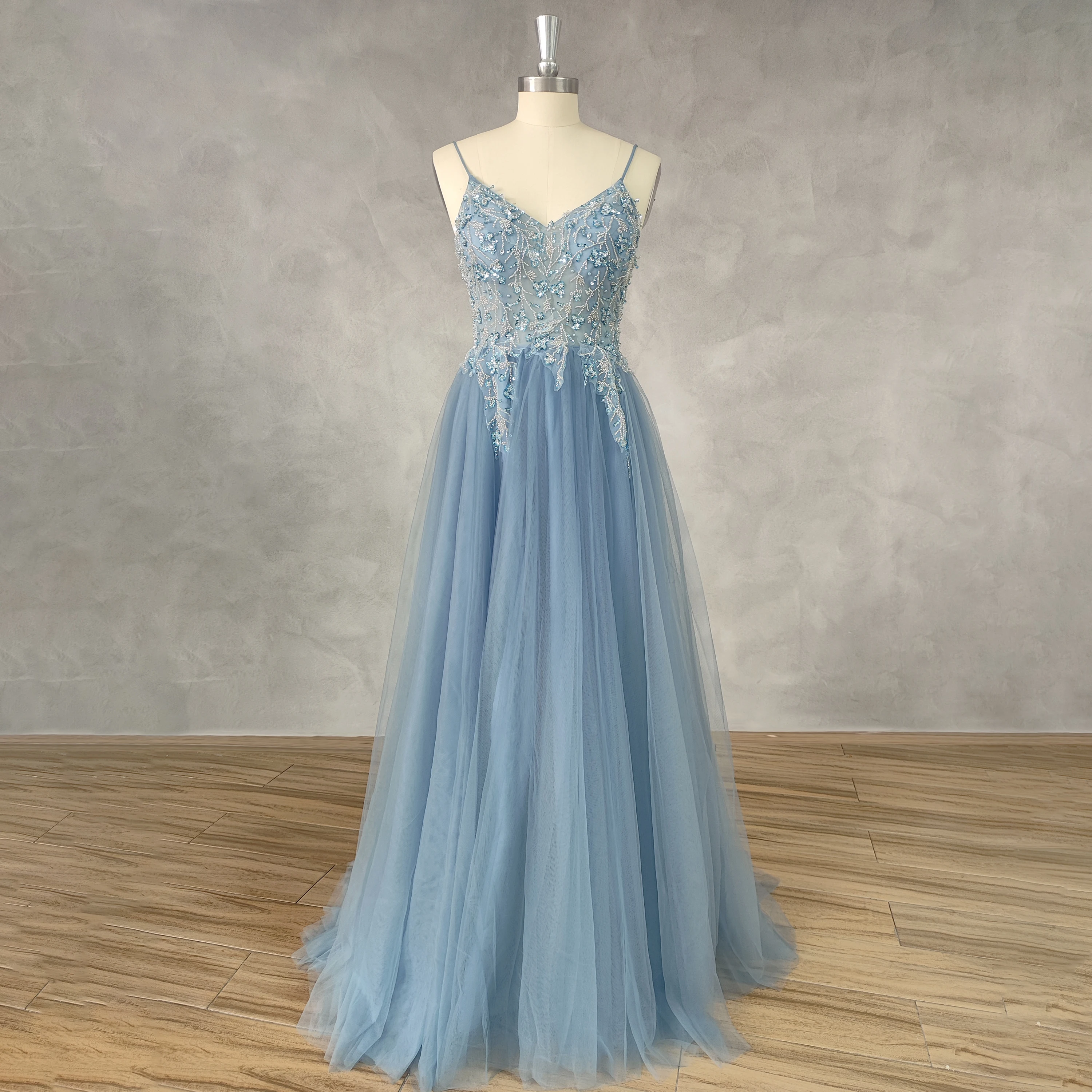 

DIDEYTTAWL Real Photos Sleeveless Appliques Tulle Prom Dress A Line Open Back Floor Length High Side Slit Evening Gown