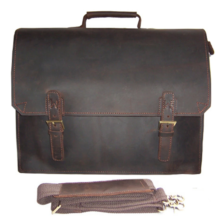 Vintage Crazy horse Leather Briefcase Men business bag Men Leather laptop Briefcase Tote Handbag shoulder bag 14\