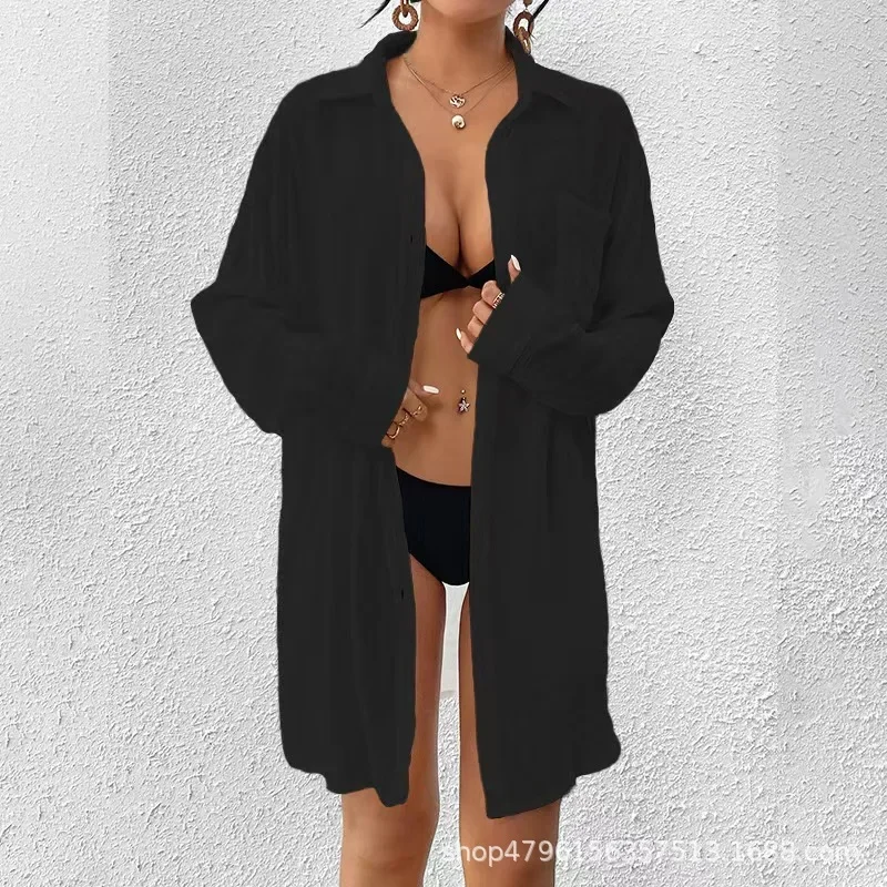 

2025 popular European and American fashion versatile loose bamboo cotton lapel shirt bikini beach shirt women