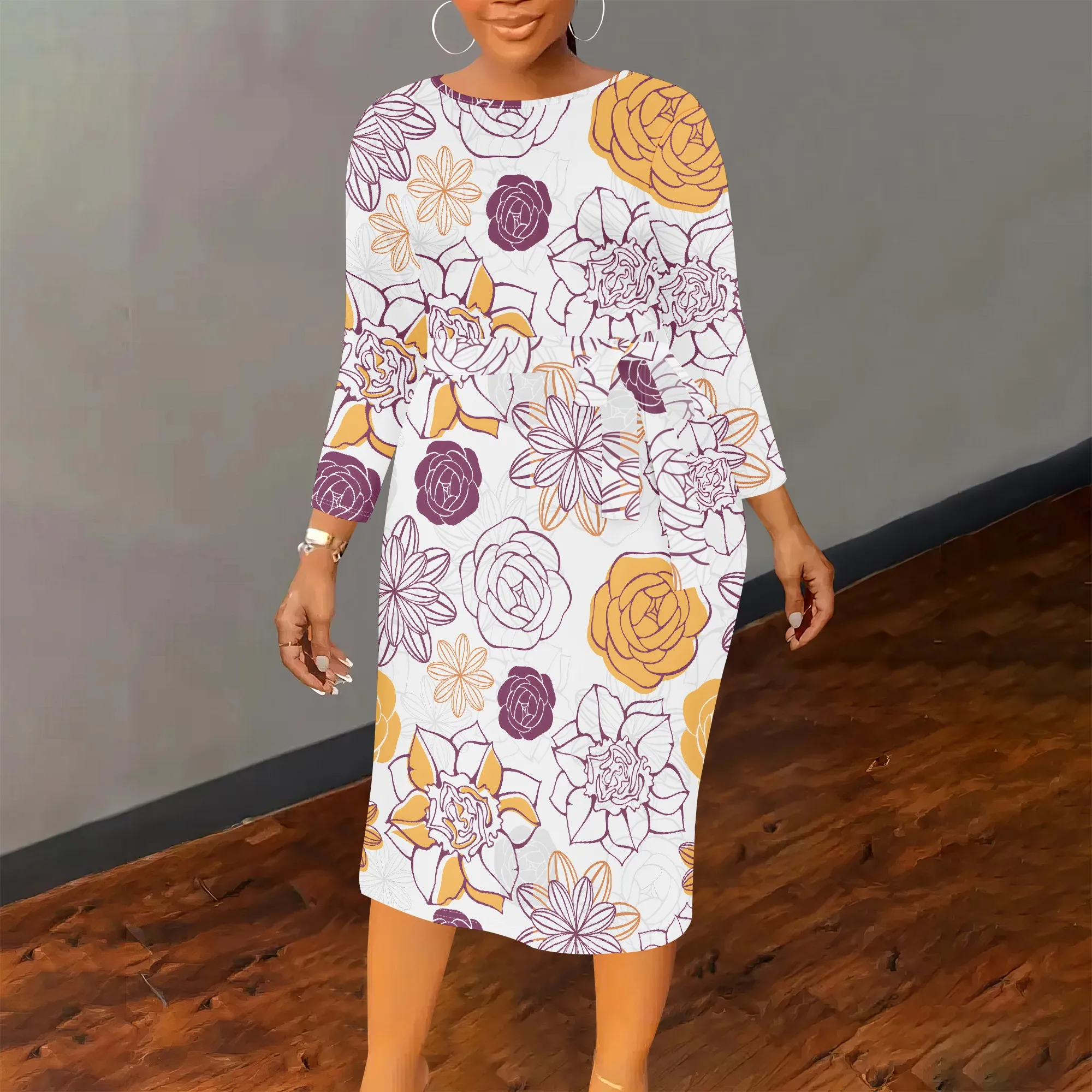 

Plus Size Women's Summerl Flower Print Fall Fashion Printed Long-sleeved Crew Round Neck Causl Dress With Belt