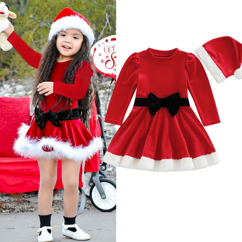 

0-6T Christmas Baby Girl Clothes Red Bow Dress Children Toddler Infant Newborn Baby Girl Velvet Ruffle Santa Hat Xmas Sets