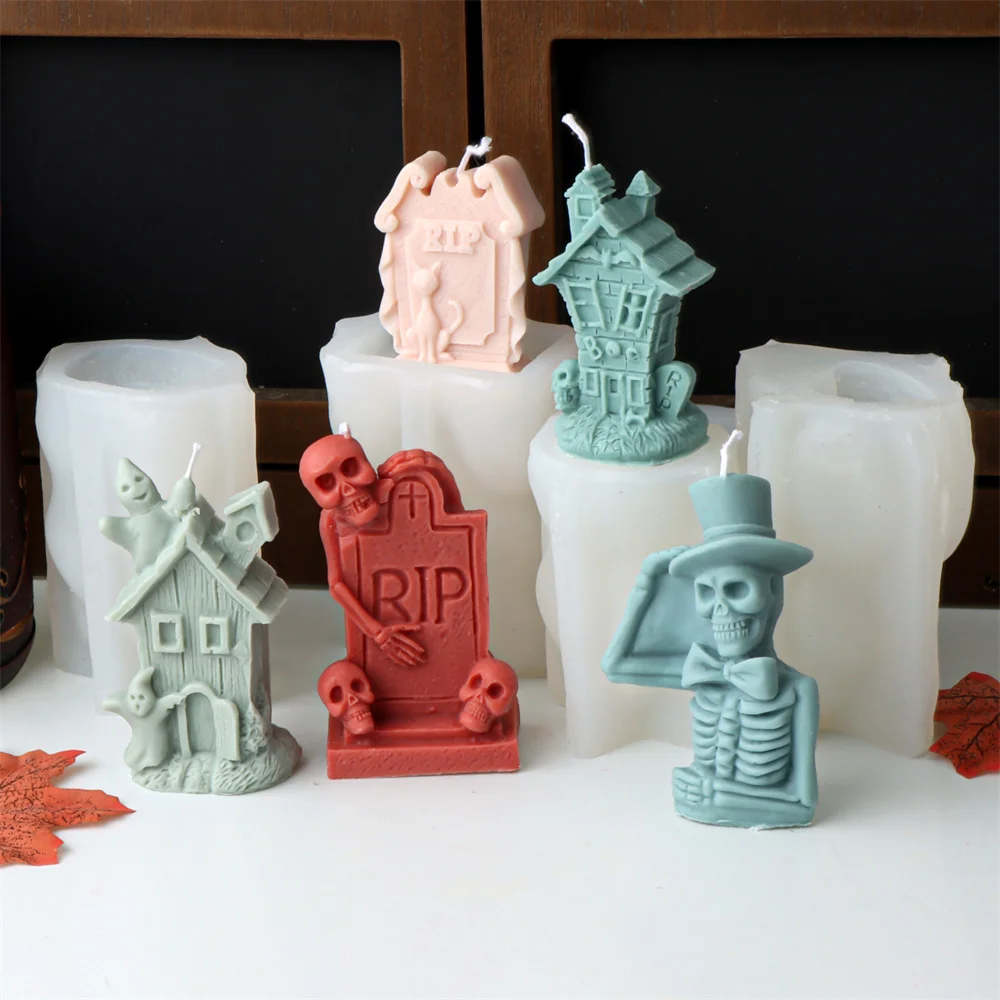 Halloween Skull Candle Silicone Mold Haunted House & Ghost Resin Statue Design Tool Home Decor Increase Holiday Scary Atmosphere