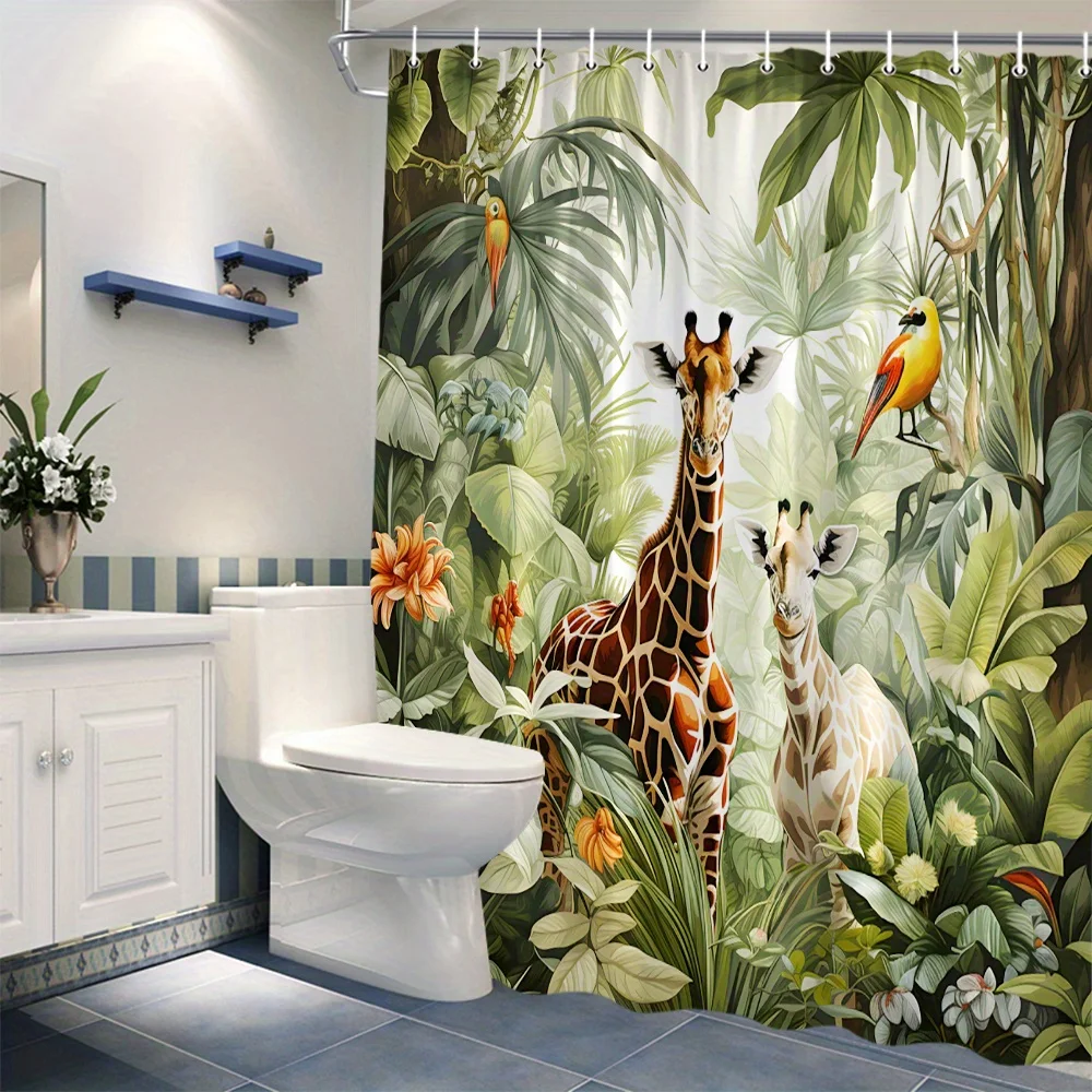 Waterproof Tropical Jungle Shower Curtain Giraffe Safari Wildlife Nature Botanical Bath Decor Polyester Print for Home Accent