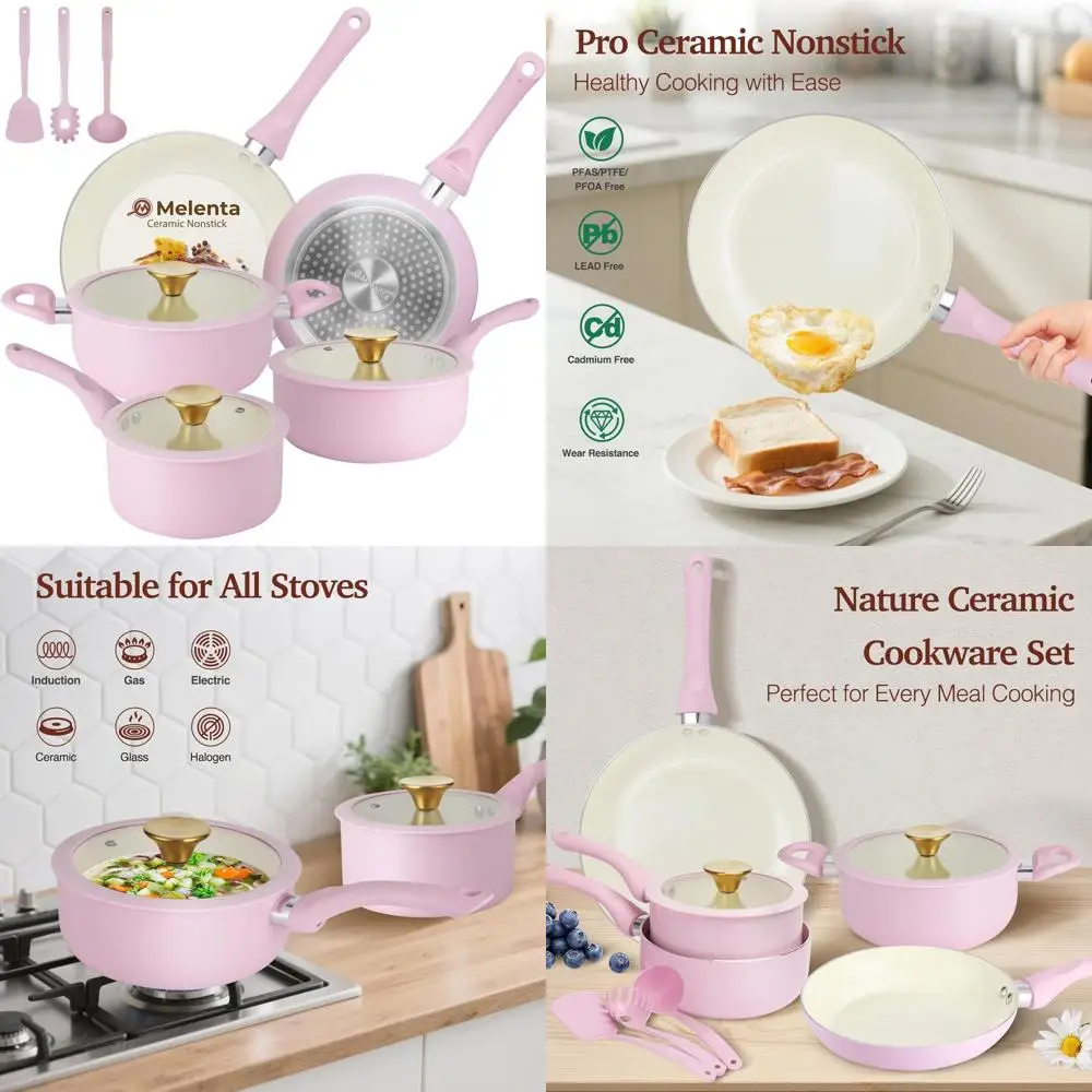 

Eleven-Piece Pink Ceramic Non-Stick Induction Cookware Set with Gold Knobs and Cool-Touch Handles for Healthy Cooking