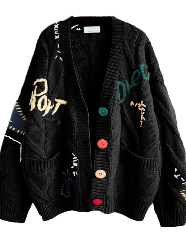 Maglione cardigan da donna con scollo a V in maglia spessa High Street patchwork ricamato invernale Cardigan monopetto per abbigliamento donna