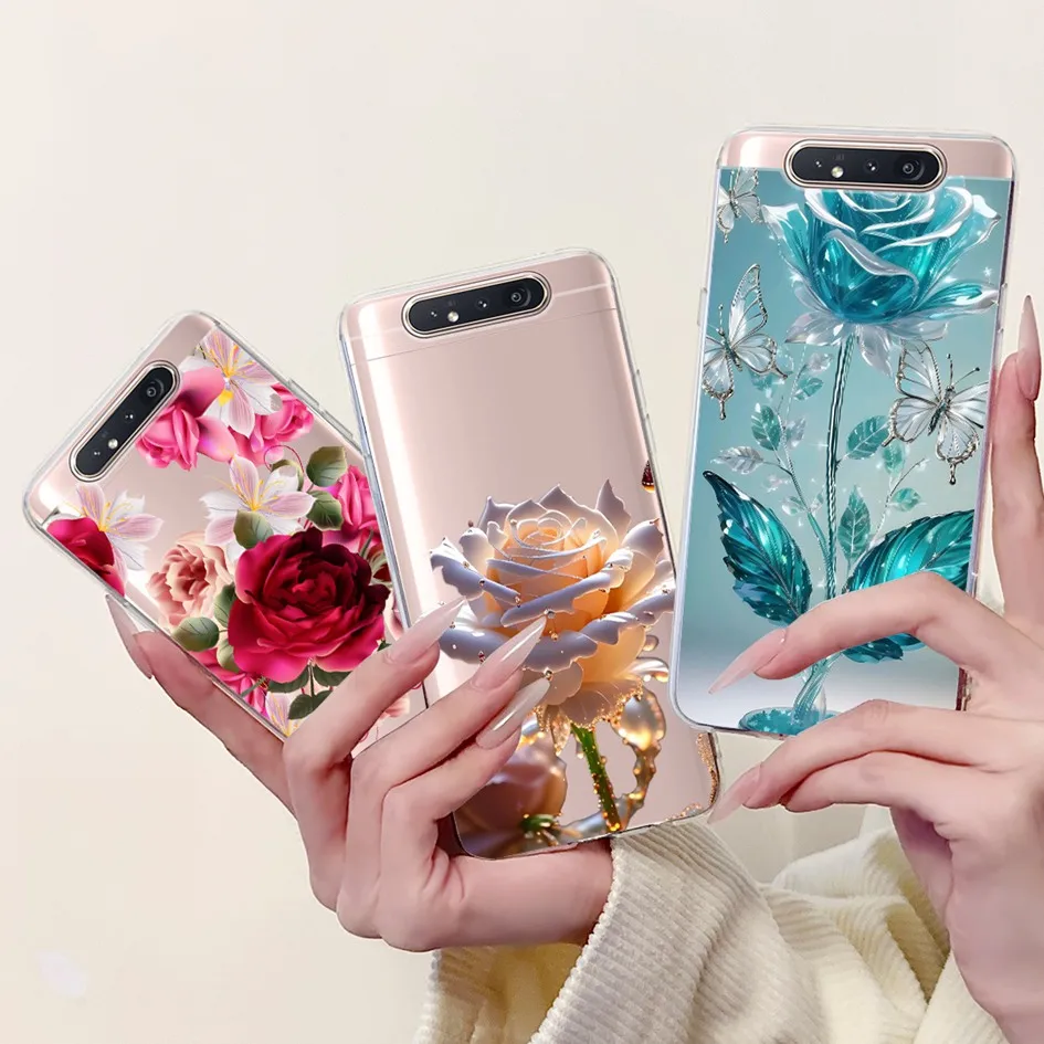 Para Samsung Galaxy A80 Funda transparente moda flor Bowknot Funda de silicona suave para Samsung A80 SM-A805F GalaxyA80 Funda