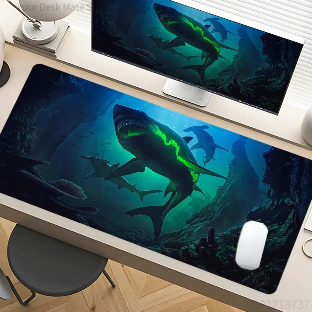 

1Pcs Neon Green Shark Print Stitched Edges Large Non-Slip Gaming Mouse Pad Desk Mat