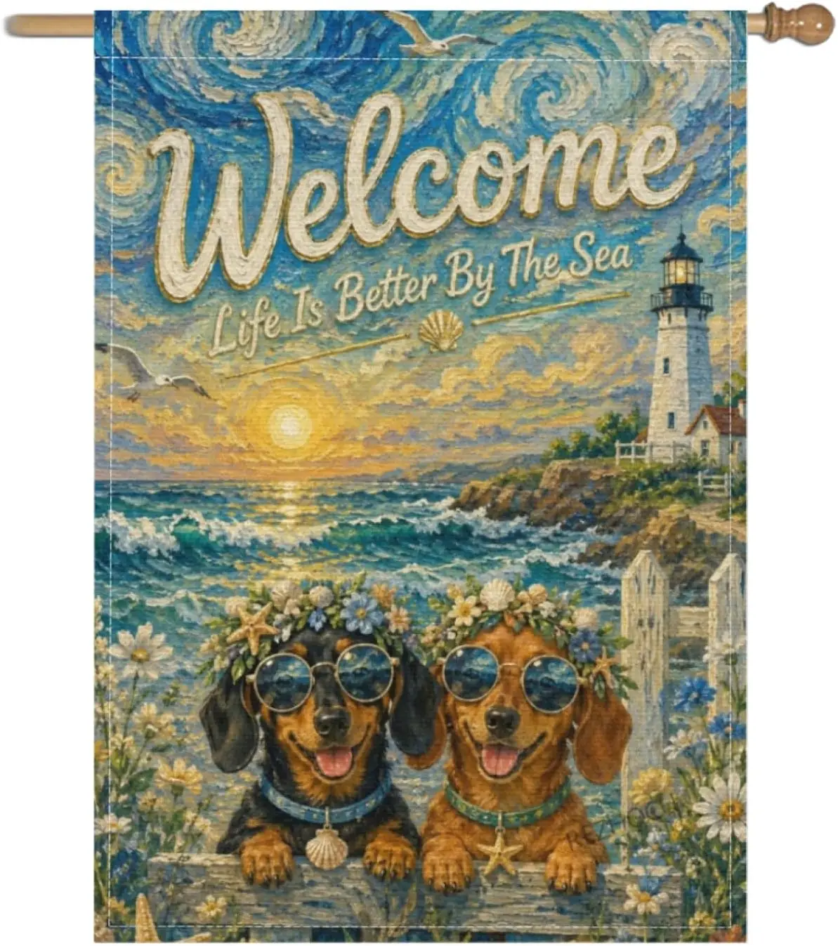 Summer Welcome Garden Flag 28x40Inch,Oil Painting Art Dachshund Dog Coastal Beach Lighthouse Ocean Waves Floral Outdoor Hous kkz