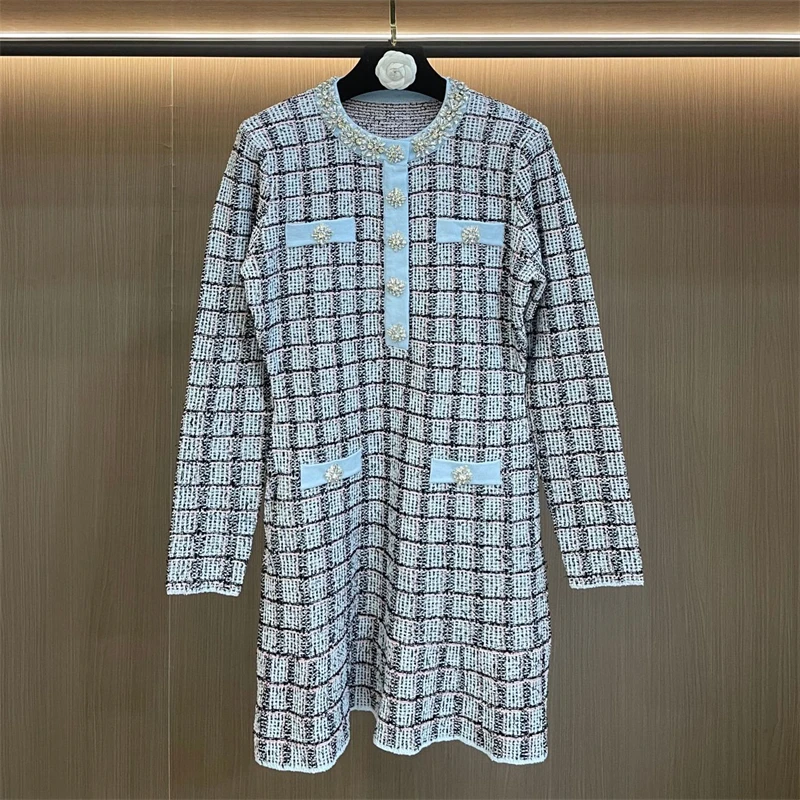 2026 Spring New Women's Round Neck Plaid Long Sleeve Knitted Dress y2k FashionCommuter Mini Skirt with Diamond Button Decoration