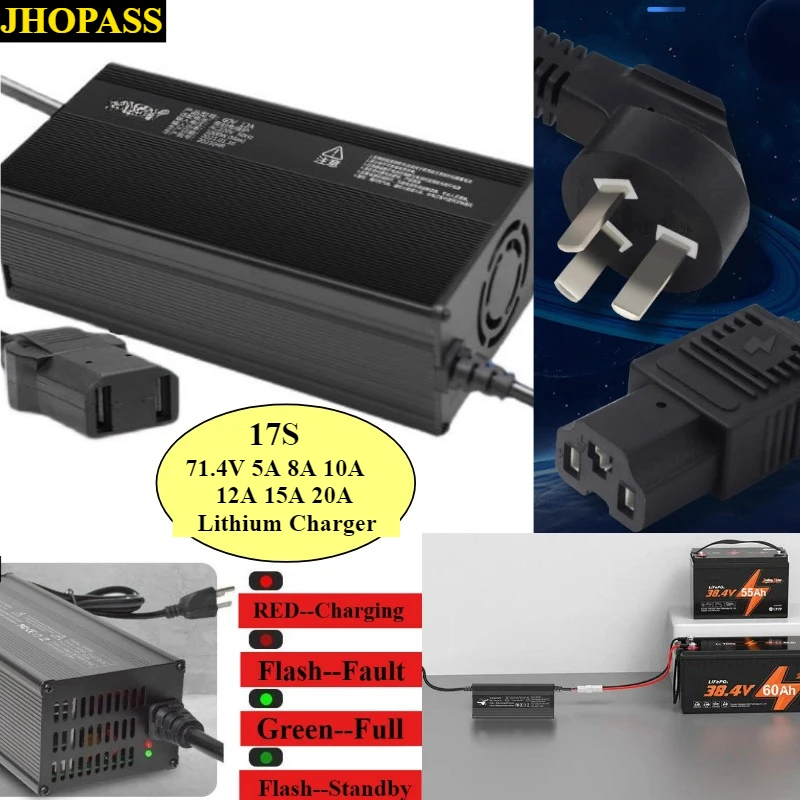 LED 71.4V 5A 8A 10A 12A 15A 20A 17S LiFePO4 Li-ion Lithium Charger Forklift truck Floor scrubber 110V or 220V UK US EU AU Plug