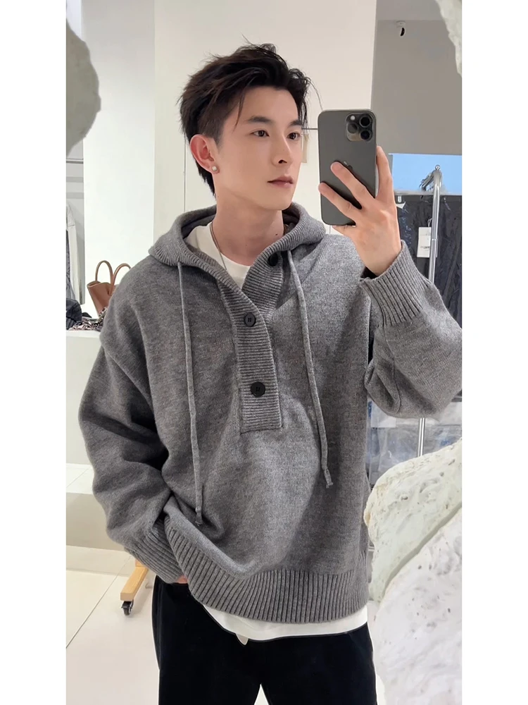 

Мужской вязаный свитер с капюшоном, свободный крой, повседневная зимняя куртка в американском винтажном стиле, премиум-класса, с открытым воротом