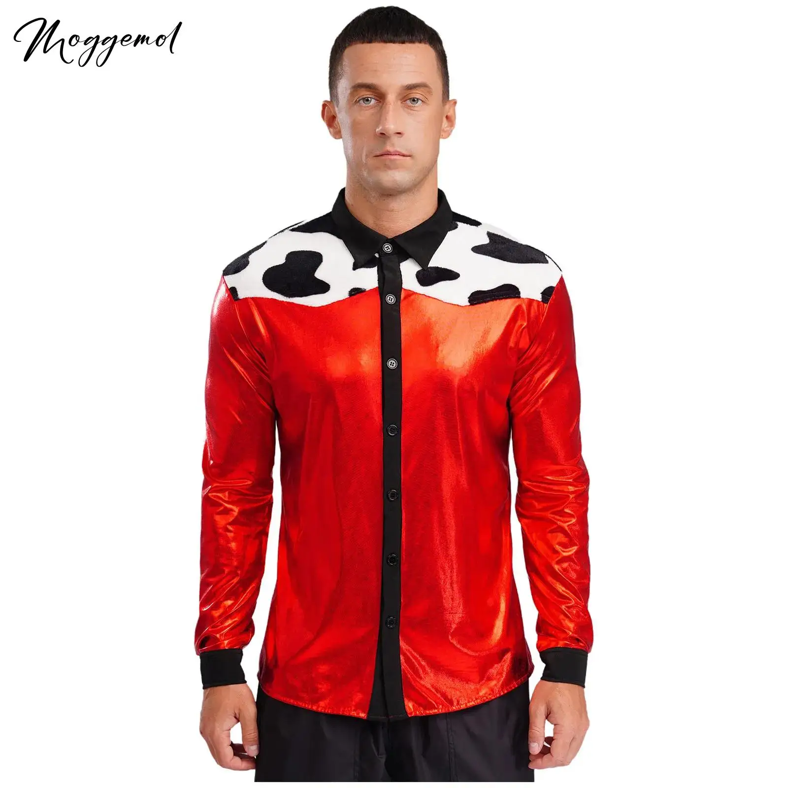 

Мужская рубашка с принтом коровы, топы, ковбойские ковбойские девушки, нарядное платье для косплея, блестящая металлическая рубашка с длинными рукавами, костюм на Хэллоуин, вечерние топы