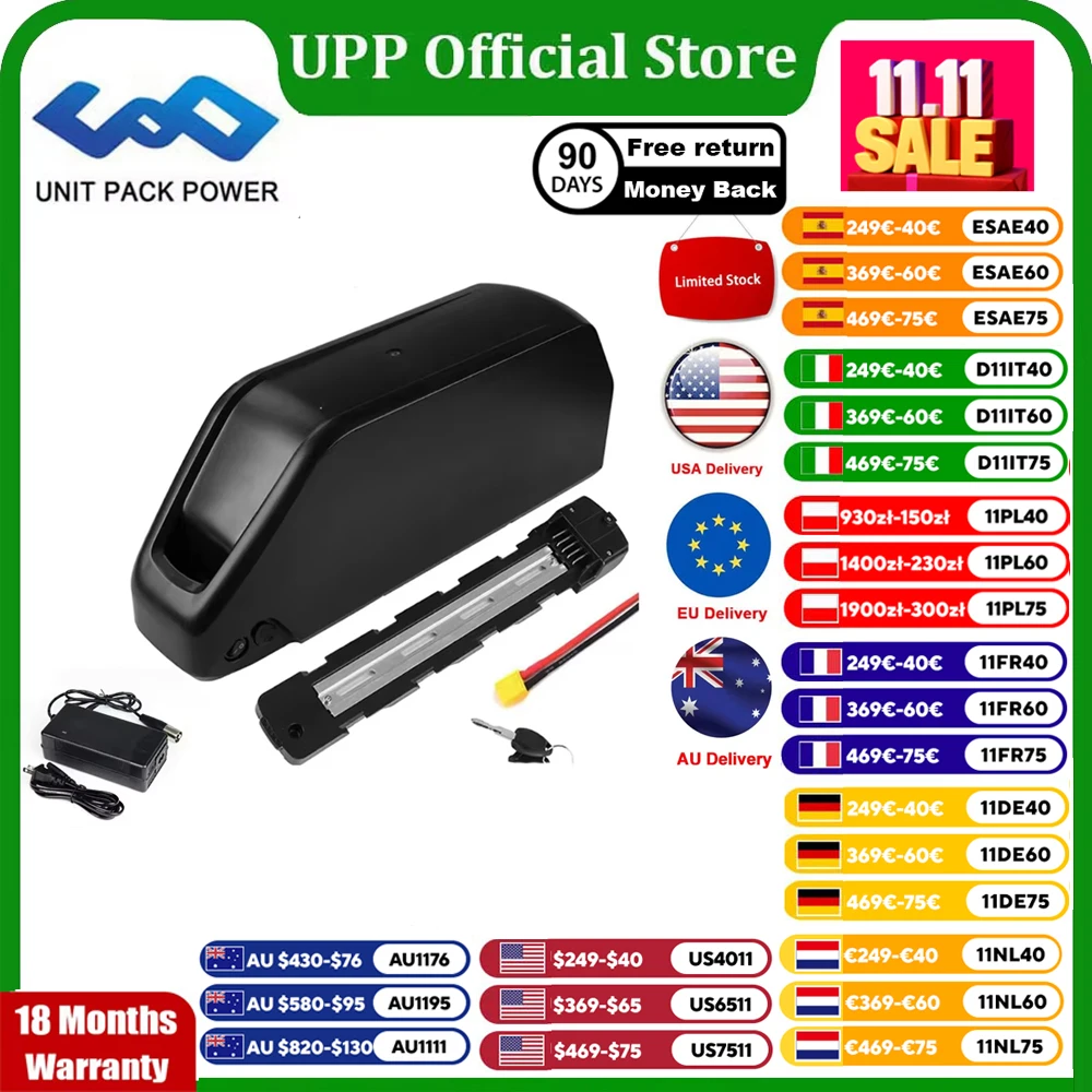 

21700 EBike Battery Downtube Polly 72V 60V 52V 48V 24Ah 36V 27Ah 22.5Ah 14.4Ah Baterias for 2000W 1500W 1000W 750W 350W Motor