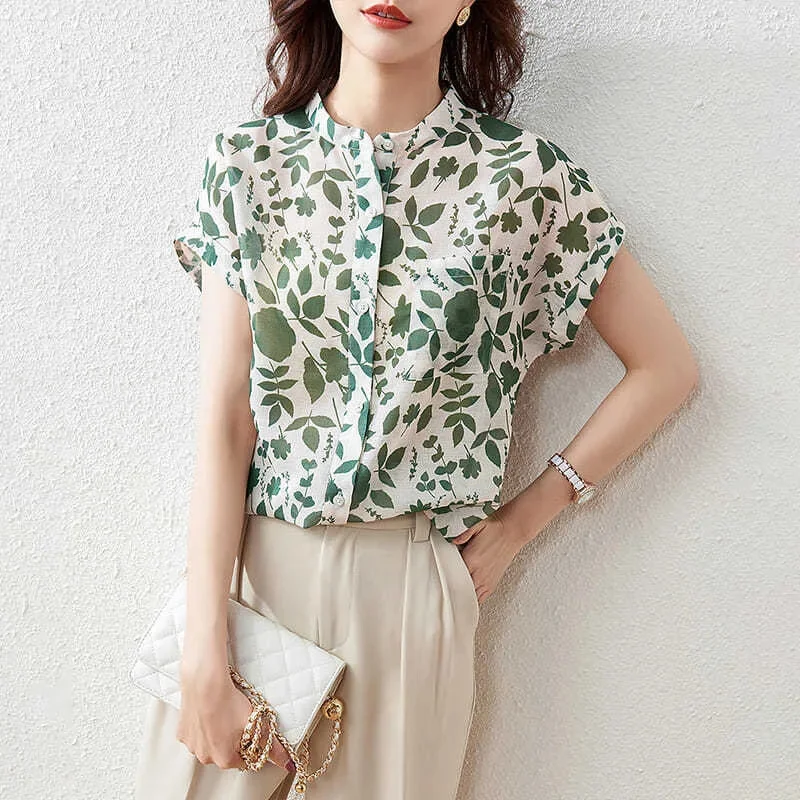 Women Summer Style Blouses Tops Lady Casual Short Sleeve Stand Collar Flower Printed Blusas Tops