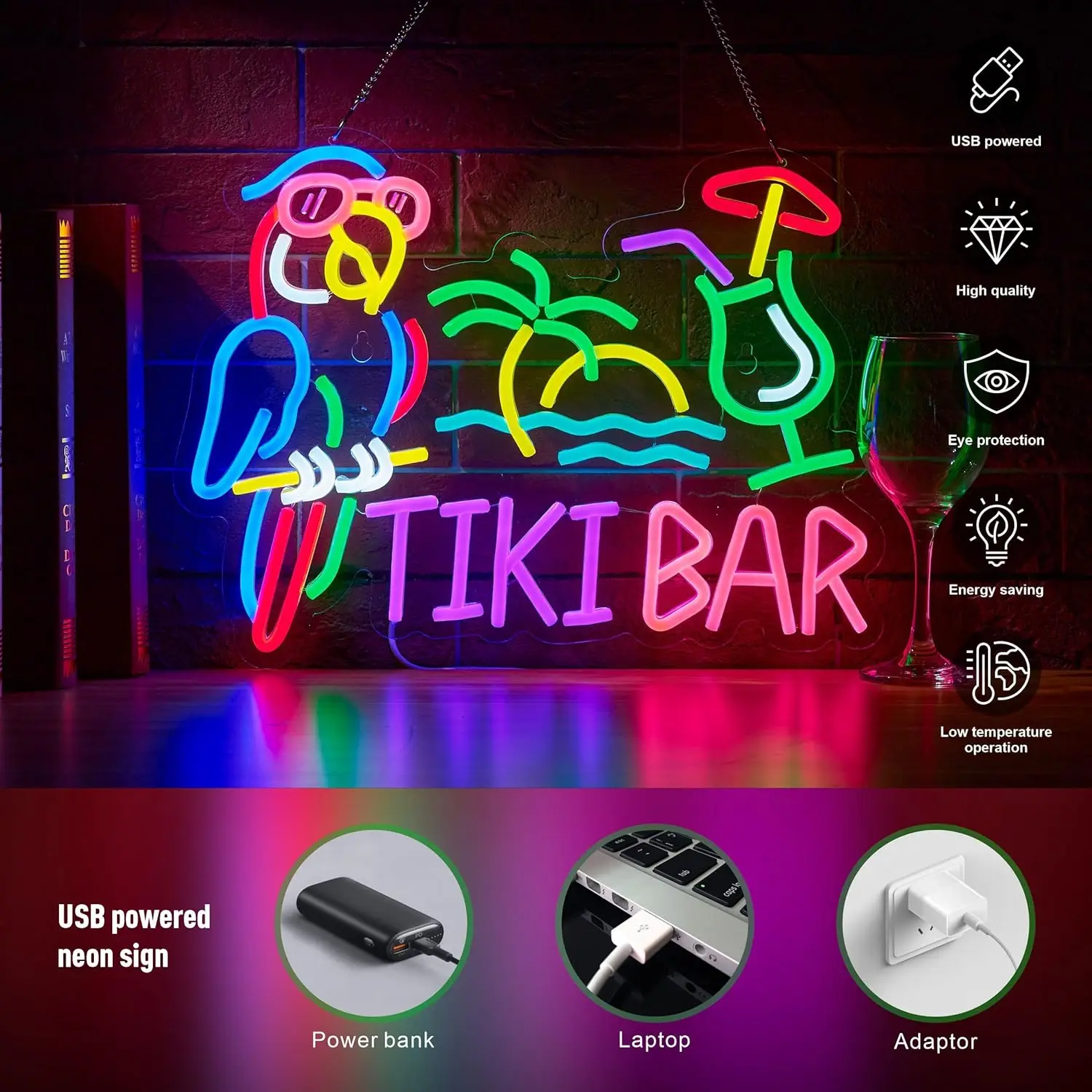 Letreiro Neon Tiki Bar Papagaio e Palmeira, Luz de Parede Artística para Negócios, Luz Neon LED USB para Decoração de Restaurantes, Clubes de Cerveja,