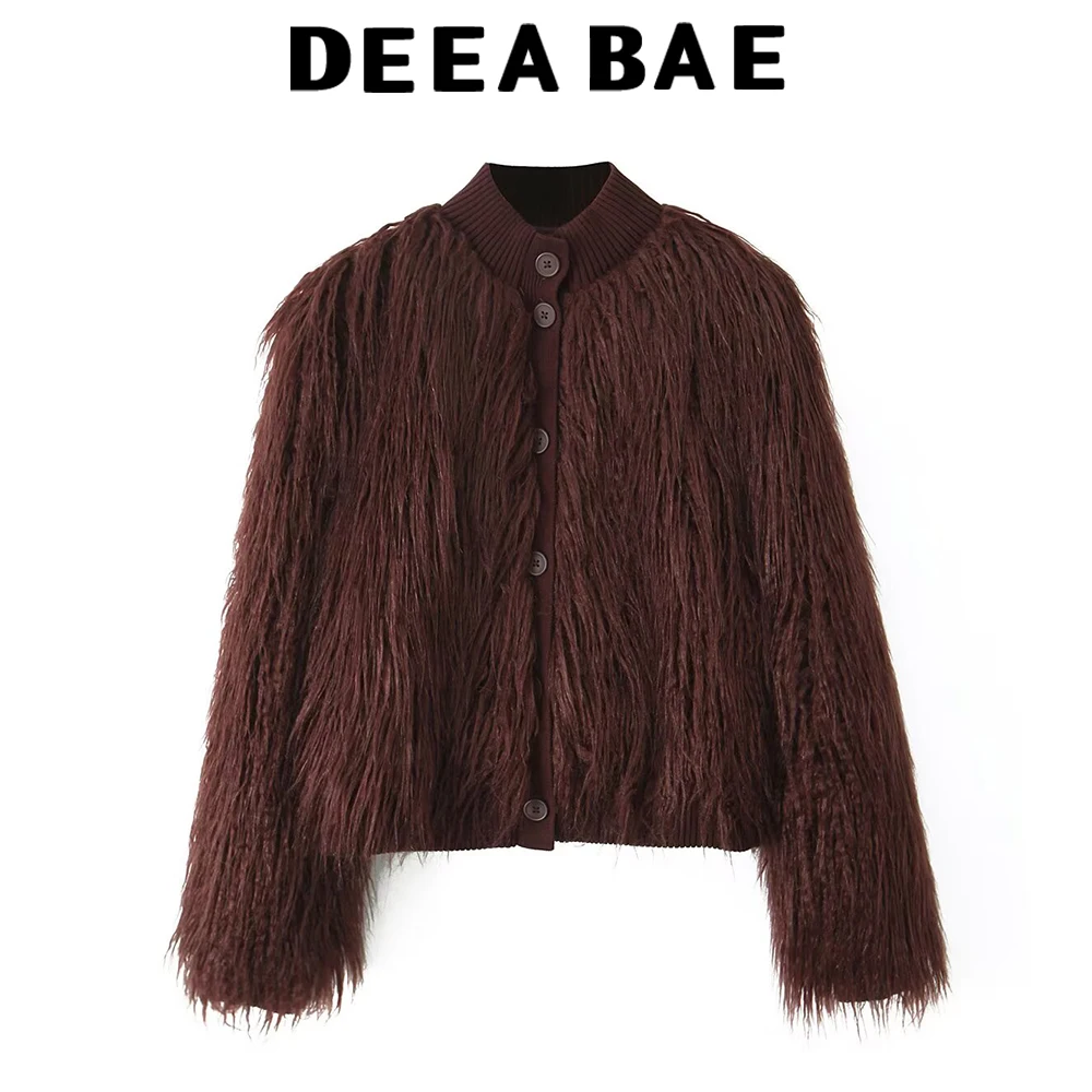 

DEEABAE New autumn and winter women's round neck long sleeved single breasted faux fur effect knitted jacket