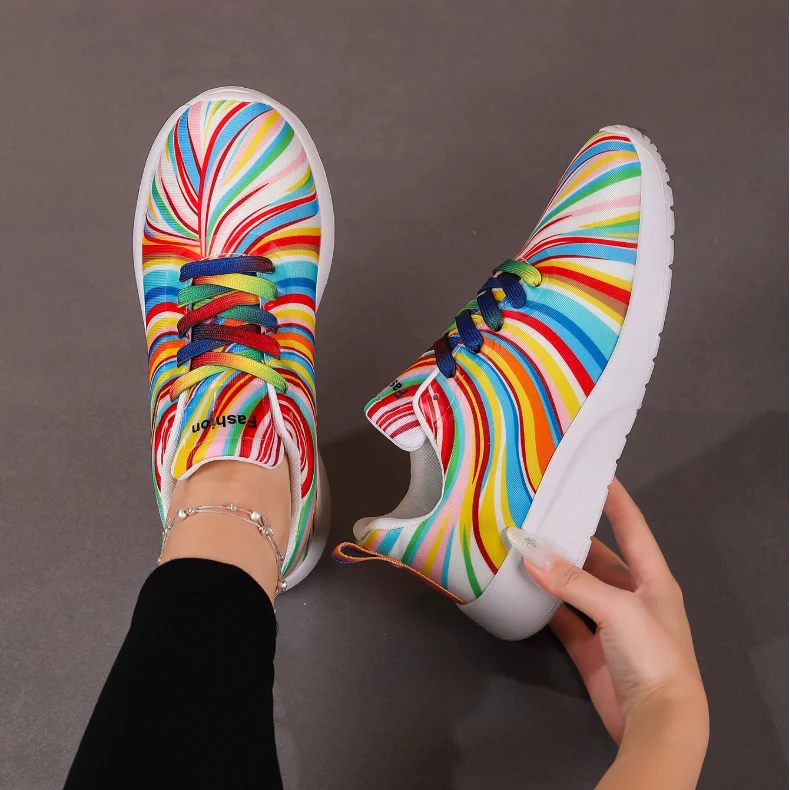 

Женские кроссовки в радужную полоску, новинка 2024, дышащая повседневная спортивная обувь, модные кроссовки на шнуровке для женщин, Zapatos Mujer