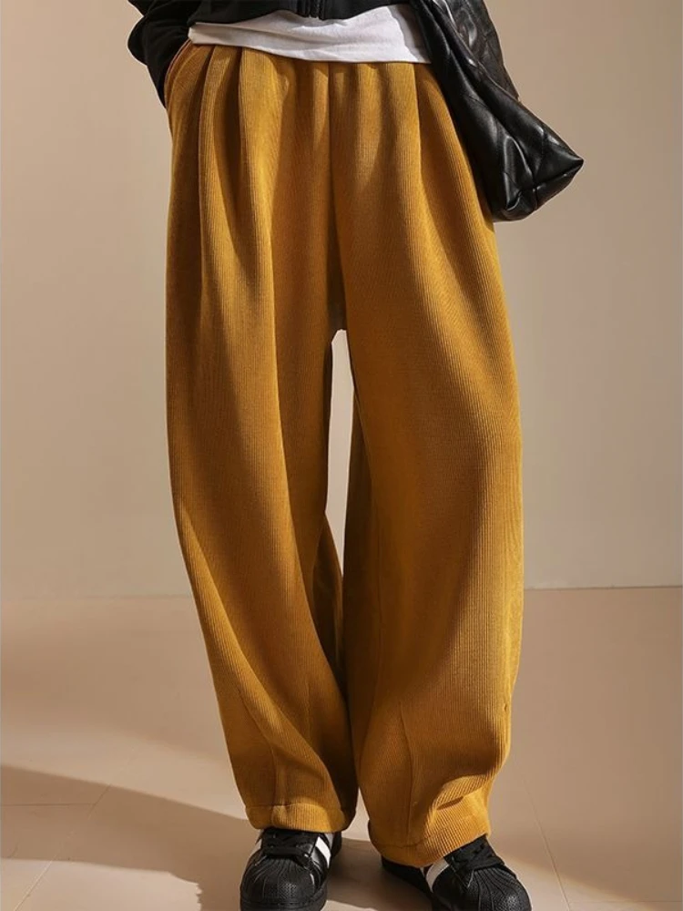 Herbst und Winter Cord Hosen Samt Verdickte Gerade Breite Bein Hosen Frauen Casual Elastizität Hohe Taille Neun Viertel Hosen