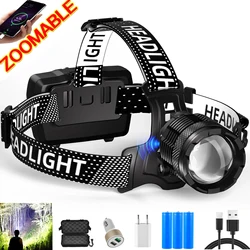 50W LED Headlamp Type-C Rechargeable Zoomable Headlight 1500M Long Range Head Torch IP65 Camping Fishing Power Bank 18650 Light