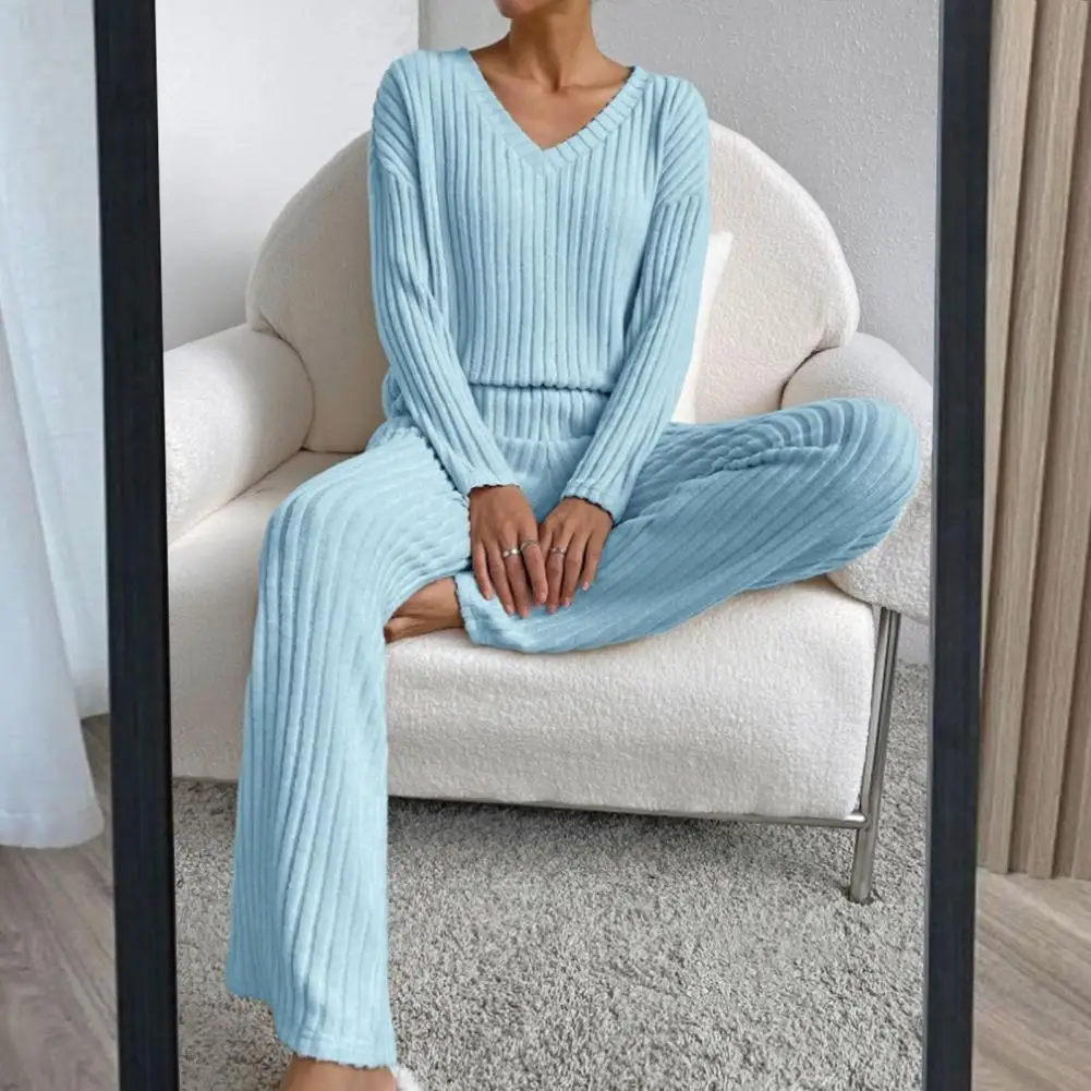 Women Pajamas Set Women\'s Knitted V-neck Top Wide Leg Trousers Set for Fall/winter Casual Wear Cozy Pajamas Set with High Waist