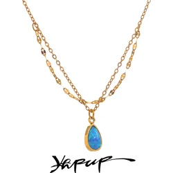 Yhpup Exquisite Blue Opal Artificial Stone Pendant Double-layered Chain Stacking Necklace Stainless Steel Stylish Jewelry Gift