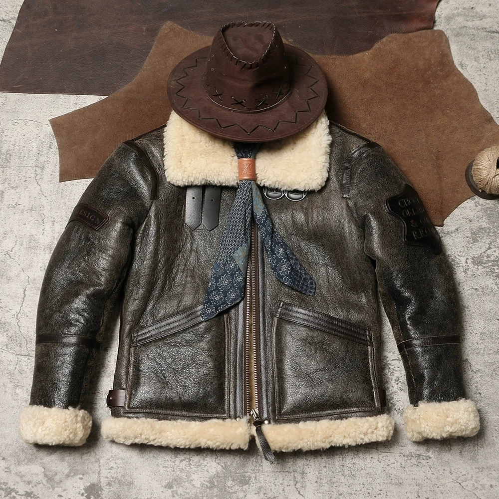 Casaco de lã quente Merino Fur Genuine Sheep Shearling Jacket, DSF1251, tamanho asiático, Air Force Pilot Skin Coat, alta qualidade