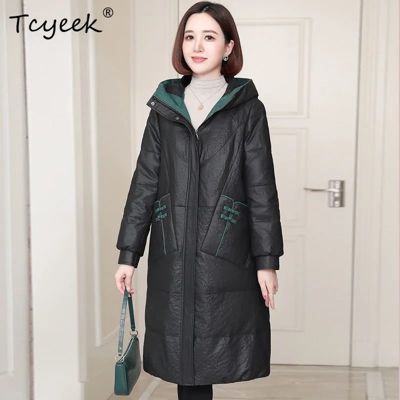 Tcyeek 리얼 양가죽 가을 겨울 트렌디 후드 블랙 롱 여성용 천연 가죽 재킷 여성용 진짜 가죽 재킷