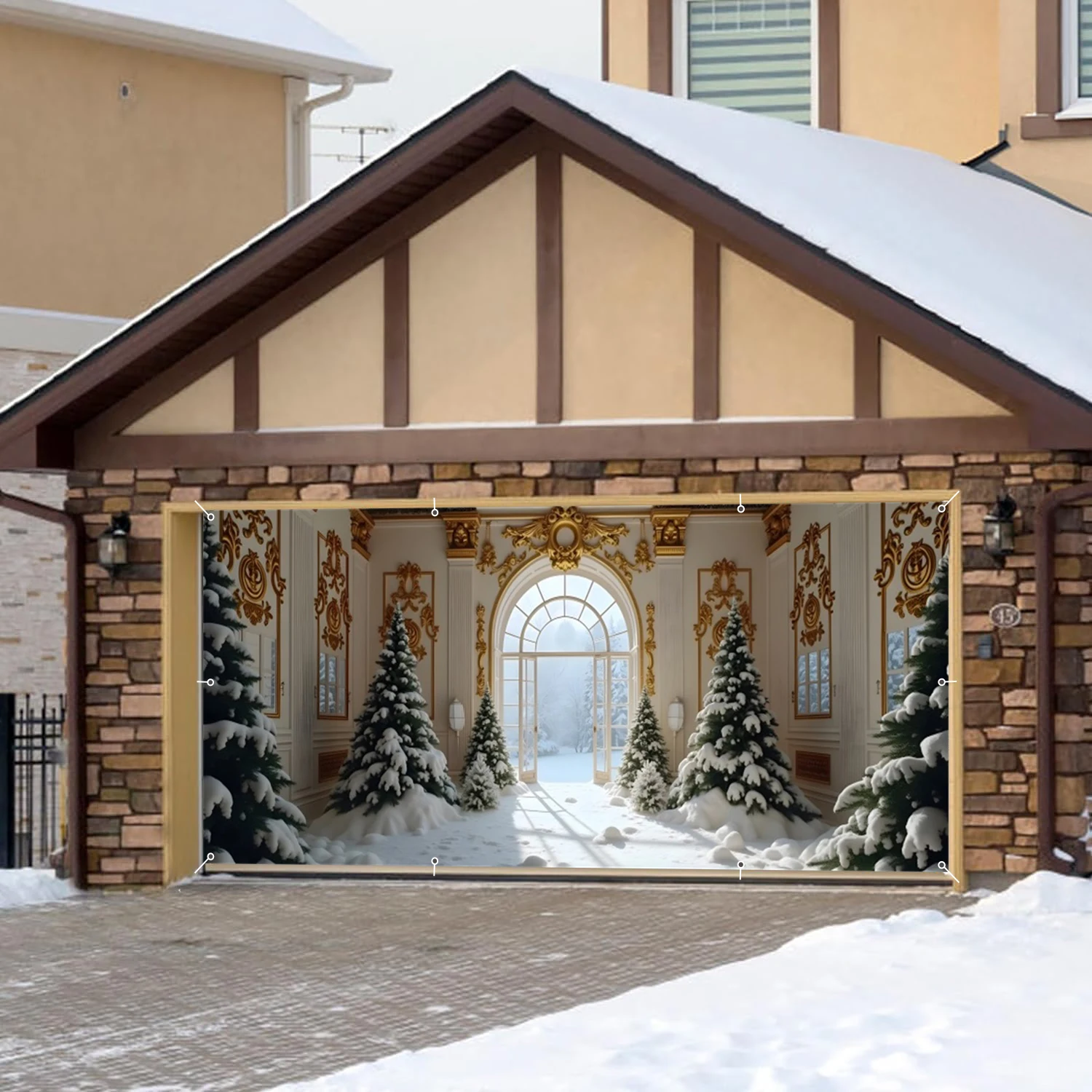 لافتة باب جراج عيد الميلاد من White Palace شجرة عيد الميلاد الشتوية غطاء جراج كبير لعيد الميلاد لمستلزمات حفلات الأعياد الداخلية والخارجية