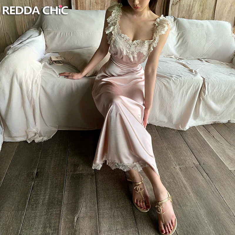REDDACHiC Vestido de fiesta rosa satinado para mujer, vestido de graduación con mangas voladoras, espalda abierta, cuello en V, vestido largo sin mangas, ropa elegante de verano