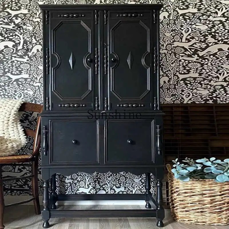 

American solid wood retro carved double door dining side cabinet household living room storage decorative cabinet