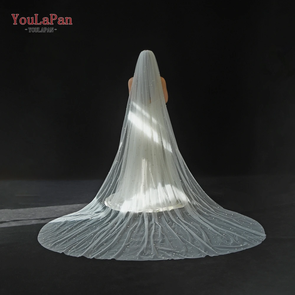 YouLaPan V09A Gorgeous Bridal Veil with Beaded Pearl 5M Cathedral Length Wedding Veil with Comb 3m Wide Veu Large and Small Pear