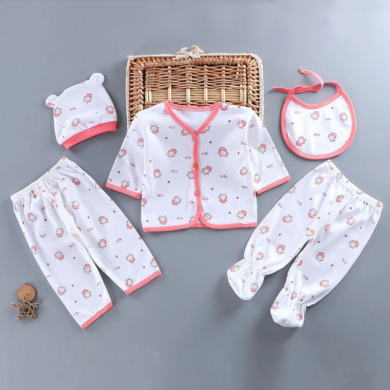 5Pcs/Set Newborn Baby Girl Clothes Set Cotton Soft Underwear Infant Boy Outfit Children Girl Top+2Pant+Bib+Hat Toddler A1156