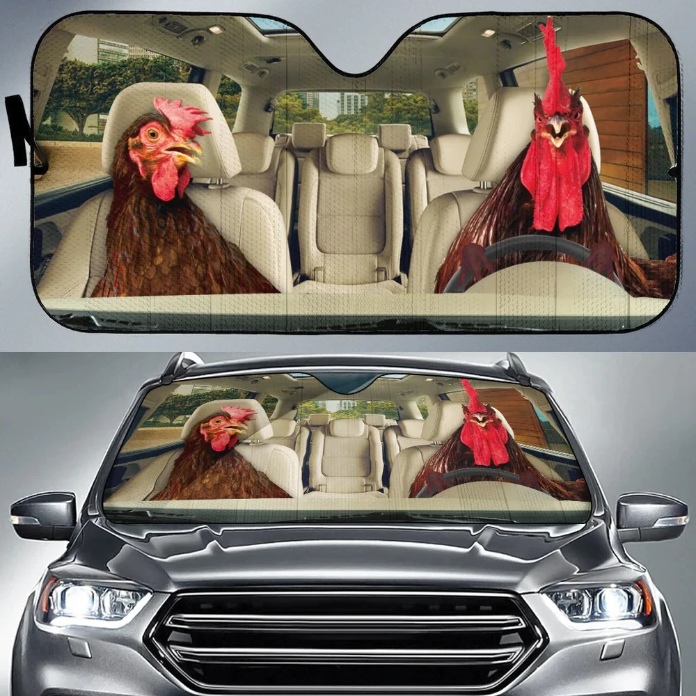 Funny Driving Chicken Family Printed 3D Sun Shade Auto Sun Shade for Car Truck Decor Windshield Sunshade,Blocks UV Rays Sun