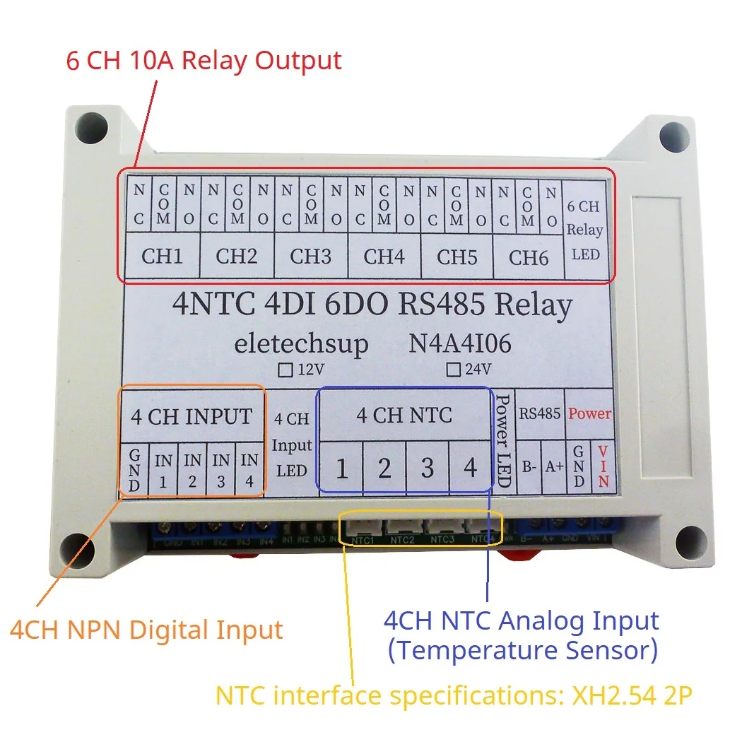 Multi-function Temperature collector PLC IO expansion board DC 12V/24V 14Ch 4NTC-4DI-6DO RS485 Network Bus NTC